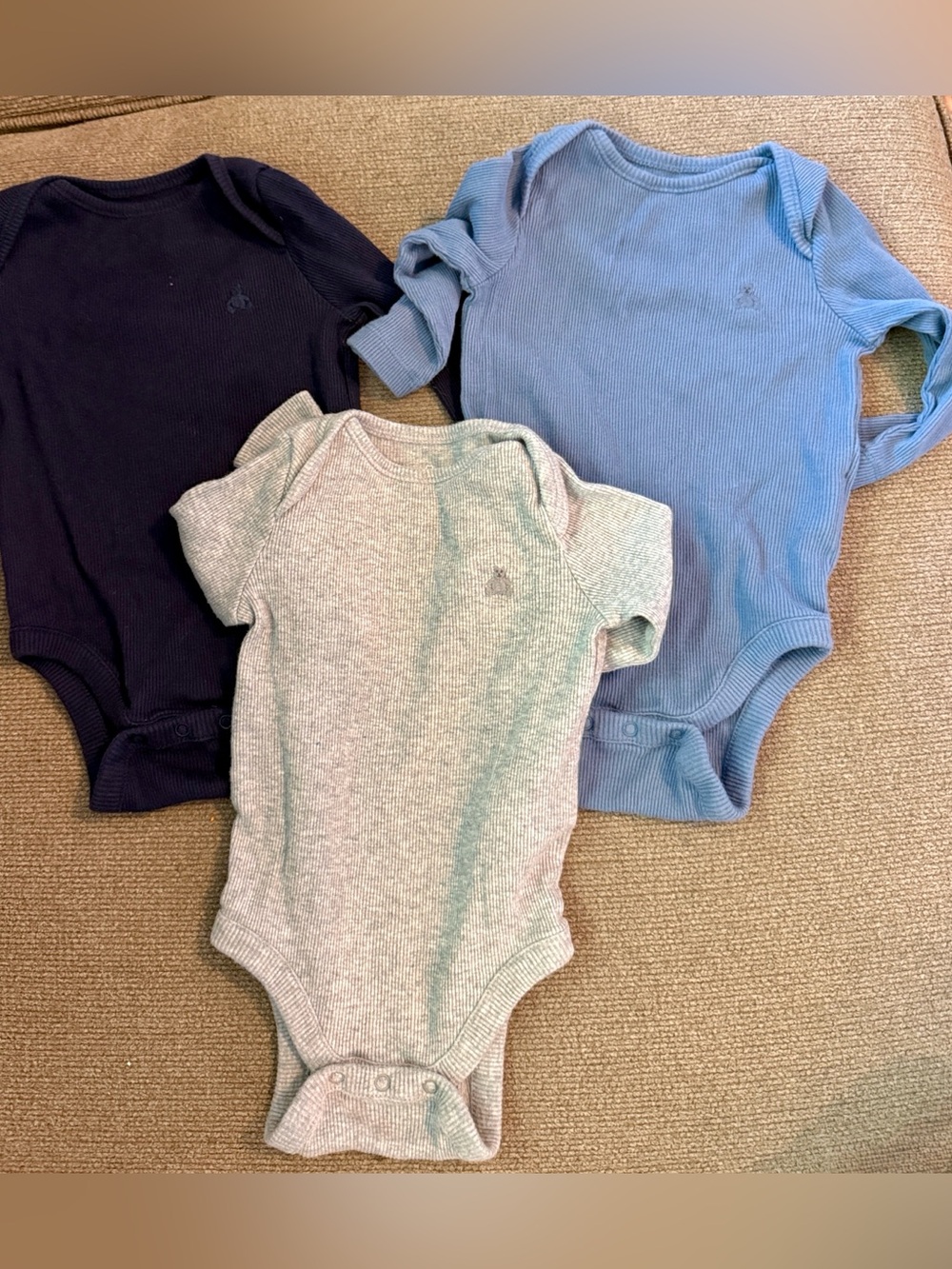 3-Pack Baby Gap Ribbed One-Piece Bodysuits in Navy, Light Blue, & Gray, 3-6 Mo